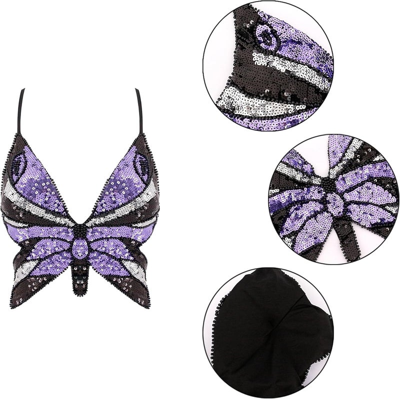 Mocure Womens Glitter Sequin Butterfly Crop Top Low-Cut Tank Top Rave Tube Vest Top for Belly Dance Costume Outfits - Image 5